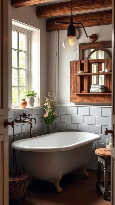 10 Essential Elements for a Perfect Farmhouse Bathroom Remodel Traditional Farmhouse Bathroom, Old Farmhouse Bathroom, Bath Tub Ideas, Vintage Farmhouse Bathroom, Farmhouse Bathrooms, Cozy Textiles, Farmhouse Bathroom Remodel, Vintage Sconces, Rustic Country Home