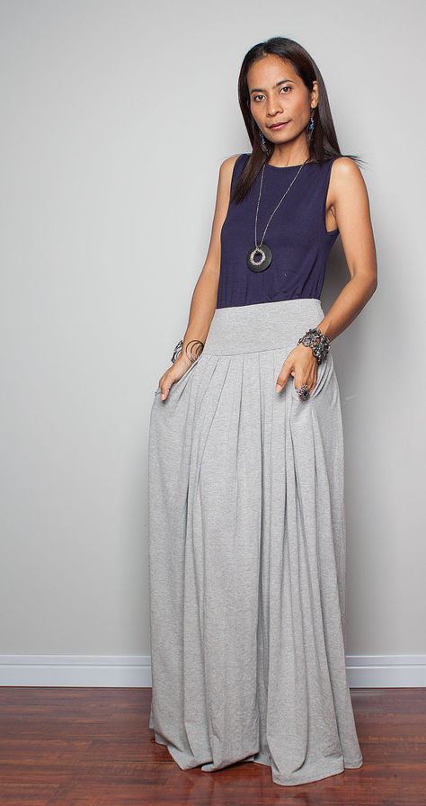 Maxi Skirt   Long Light Grey Skirt  Autumn Thrills par Nuichan, $52.00 Gray Skirt Outfit, Light Grey Skirt, How To Wear Culottes, Grey Maxi Skirts, Color Coordination, Grey Skirt, Long Light, Long Lights, 50 Shades Of Grey