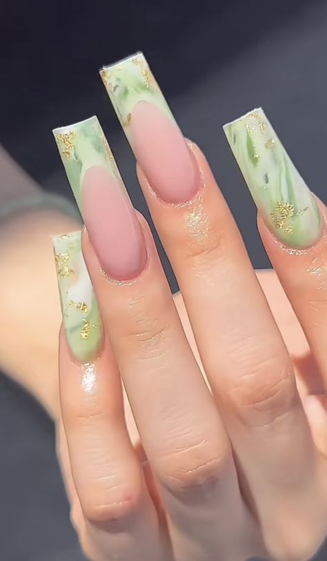 Green Acrylic Nails French Tip, Green Spring Nails Acrylic, Jade Nails Acrylic, Jade Green Nails Acrylic, Gold And Green Nails, Nail Inspo Green, Acrylic Nails French Tip, Acrylic Nails French, Easy Nail Designs