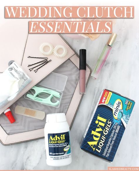 Wondering what to put in your bride emergency kit? Here's a list of products to throw in your wedding clutch to be prepared for anything! #advilrelief #ad Clutch Essentials, Bride Emergency Kit, Bridesmaid Purses, Bag For Wedding, Best Wedding Makeup, Bride Bag, Budget Beauty, Clutch Bag Wedding, Purse Essentials