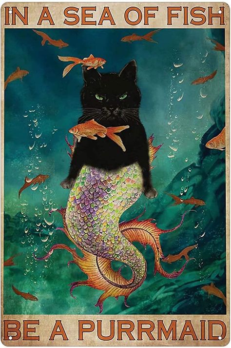 AmazonSmile: Mermaid Cat Style Metal Tin Sign,in A Sea of Fish Be A Purrmaid, Coffee Home Vintage Art Decor Iron Painting 12X8inch : Home & Kitchen Mermaid Cat, Cat Posters, Arte Animal, Mermaid Art, Art And Illustration, Cat Wall, A Mermaid, A Sea, Crazy Cat Lady