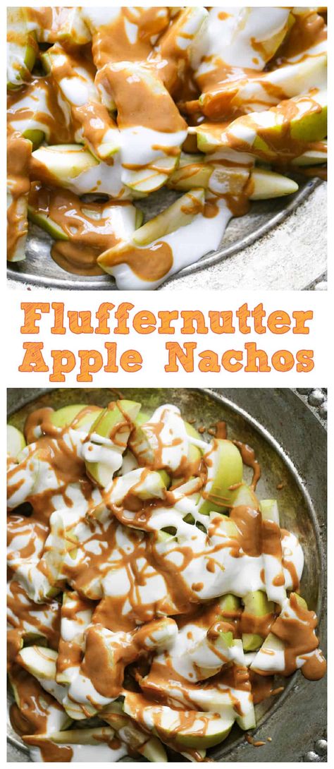 What I definitely love about this super easy recipe is and it's nacho related!  Who doesn't love nachos?  We made a tasty dessert out of them using Granny Smith apple slices and topped them with some gooey marshmallow cream and melted peanut butter. This is a tempting and dangerous fluffernutter (fluffer-marshmallow / nutter-peanut butter) combo that tastes amazing with apples and it's perfect for snacking fun! #dessertnachos #apple #appleswithmarshmallow #appleswithpeanutbutter #fluffernutter Apple Nachos Peanut Butter, Apple Marshmallow, Dessert Nachos Recipe, Fall Finger Foods, Candy Apple Bars, Apple Nachos Recipe, Melted Peanut Butter, Dessert Nachos, Peanut Butter Rice Krispies