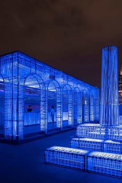 Blue Art Installation, Greek Goddess Of The Night, Goddess Of The Night, Shanghai Night, Rooftop Bar, Greek Goddess, City View, Exhibition Design, Open Air