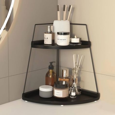 Amazon.com: XSuYung 2 Tier Corner Bathroom Organizer,Wood Corner Counter Shelf,Black Bathroom Accessories,Bathroom Decor,Corner Vanity Organizer,Small Corner Shelf for Bathroom/Kitchen : Home & Kitchen Black Bathroom Decor Ideas Apartment, Corner Tub Master Bath Decor, Small Apartment Bathroom Organization, Minimalist Bathroom Organization Ideas, Black Counter Bathroom, Corner Counter Shelf, Hotel Inspired Bathroom, Spa Themed Bathroom, Small Corner Shelf