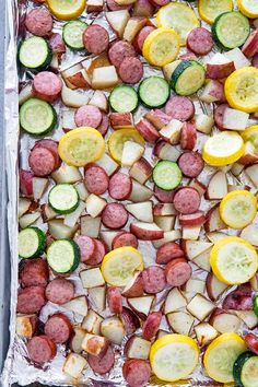 One Pan Sausage, Potatoes And Zucchini, Kielbasa And Potatoes, Pan Sausage, The Salty Marshmallow, Sausage And Potatoes, Salty Marshmallow, Squash Zucchini, Baked Dinner Recipes