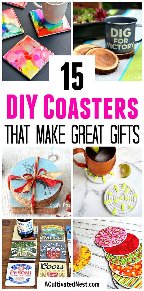 15 DIY Coasters- Want a simple homemade gift idea? Why not give a set of fun DIY coasters! Check out these 15 awesome DIY coaster ideas! | how to make your own coasters, Father's Day gift ideas, Mother's Day gift ideas, Teacher Appreciation Day gift ideas, #diy #homemadeGift #craft #diyGift #coasters Coffee Coasters Diy, Craft Coasters, Homemade Coasters, Diy Mod Podge, Diy Home Decor For Apartments, Coasters Diy, Diy Gifts To Make, Men's Gifts, Coaster Crafts