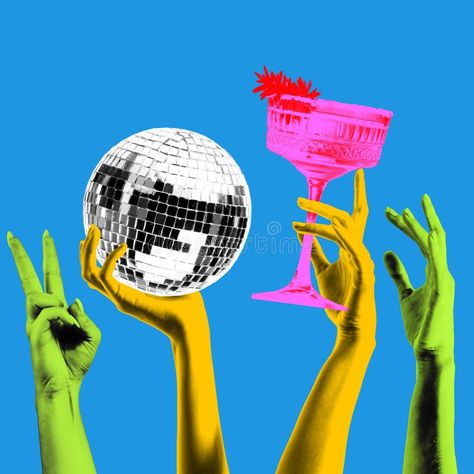 Poster. Contemporary art collage. Raising hands holds cocktails and disco ball against pastel retro background. Bright royalty free stock images Disco Ball Collage Art, Disco Collage Art, Vintage Disco Aesthetic, Disco Fever Aesthetic, Contemporary Art Collage, Disco Ball Graphic Design, Club Poster Background, Bright Retro Aesthetic, Art Club Poster