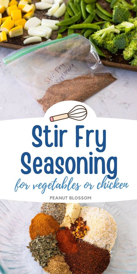 Learn how to make an easy homemade stir fry seasoning blend for your pantry using spices you probably already have on hand. Sprinkle it over a pan of roasted veggies, chopped up chicken, steak, or shrimp. This adds tons of flavor in a pinch. Stir Fry Seasoning Recipe, Stir Fry Chicken Seasoning, Chicken Stir Fry Seasoning, Stir Fry Seasoning Dry, Seasoning For Vegetables, Stir Fry Spices, Seasoning For Chicken, Stir Fry Seasoning, Fried Chicken Seasoning