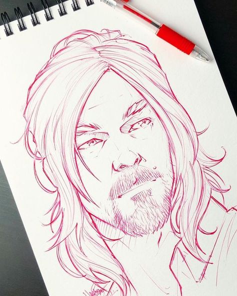 Damian on Instagram: "Daryl @amcthewalkingdead . Swipe<< . . . . #daryldixon #normanreedus #rickgrimes #andrewlincoln #walkingdead #thewalkingdead #walkingdeadedits #disney #sketchbookart #sketchbooktour #anatomysketch #anatomypractice #portraitpractice #anatomyart #drawingofinstagram #portraitstyle #artstyle #sketchartist #stylizedportrait #aestheticsketch #reels #artreels #ballpointpenart #damianhawes @damianh.22 @disneyplus @zebrapen_uk @thewalkingdead @bigbaldhead" Walking Dead Drawings, Superhero Drawing, How To Draw Faces, Animal Outline, Ballpoint Pen Art, Draw With Me, Drawing Superheroes, Drawing Procreate, Naruto Sketch Drawing