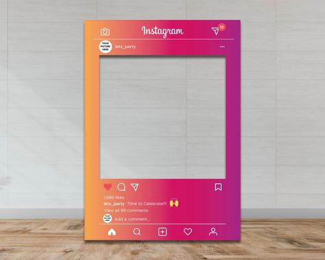 A1 (594x841mm) or A0 (841x1189mm) size party selfie frame in a Instagram style gradient! This product is completely editable - we can change the username, number of likes and comment to whatever you want! Simple send us your request when making your purchase. This lightweight selfie frame is made of a durable material that is extremely easy to hold, and delivers an extremely high quality print. The frame comes fully assembled so you can open and use straight away! We offer three types of material choices: 4mm Correx - a lightweight material, with slight ridges within it. 5mm Foamex - a completely smooth material that is slightly sturdier. 10mm Stadur - a lightweight but rigid board with a  smooth matt surface.*At this moment in time we can only deliver to MAINLAND UK* **NOTE** Please be ad Instagram Frame Photobooth, Instagram Photo Booth, Instagram Gradient, Colourful Party, Party Selfie, Photobooth Props Printable, Selfie Frame, Tv Photo, Christmas Photo Booth