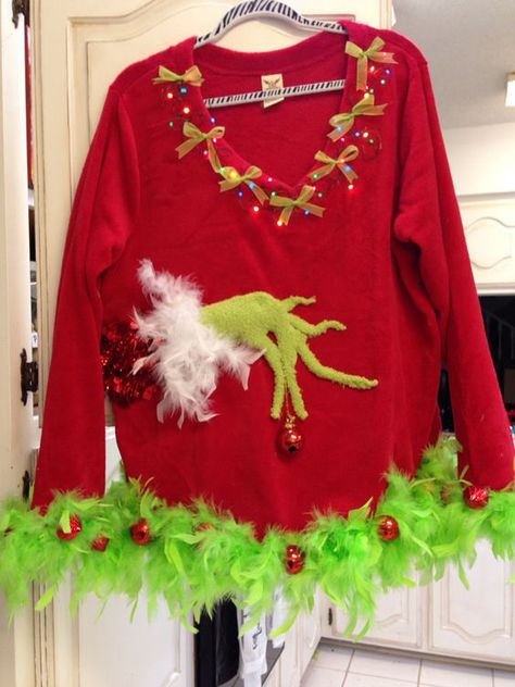 53 DIY Ugly Christmas Sweater Ideas Diy Christmas Outfit, Diy Christmas Sweater, Ugly Sweater Diy, Grinch Christmas Party, Diy Ugly Christmas Sweater, Ugly Sweater Contest, Tacky Christmas Sweater, Ugly Xmas Sweater, Tacky Christmas