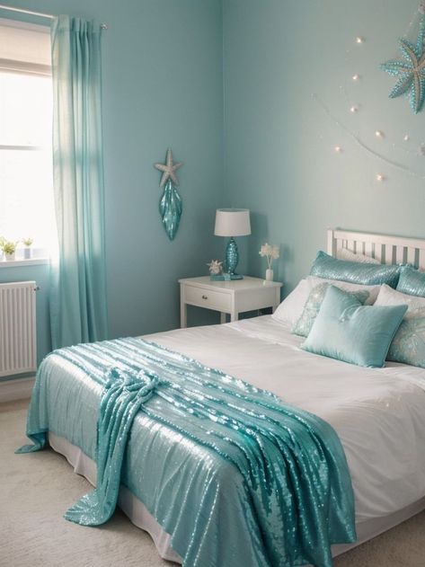 Create an enchanting underwater mermaid bedroom aesthetic by painting the walls in shades of soft blues and greens. Add a shimmering sequin mermaid tail blanket to the bed and hang a cluster of seashell fairy lights for a magical touch. Mermaid Room Ideas, Mermaid Bedroom Ideas, Crazy Decor, Coastal Farmhouse Bedroom, Underwater Mermaid, House Barbie, Ocean Room Decor, Pastel Living Room, Mermaid Bedroom