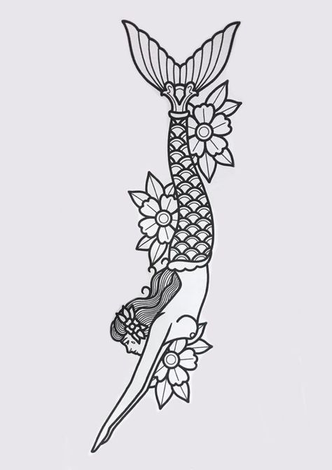 Traditional Mermaid Tattoo Designs, Old School Fairy Tattoo, Traditional Mermaid Tattoos Old School, Trad Mermaid Tattoo, Mermaid Tattoo Traditional, Old School Mermaid Tattoo, Mermaid Tattoo Drawing, American Traditional Mermaid Tattoo, Mermaid Traditional Tattoo