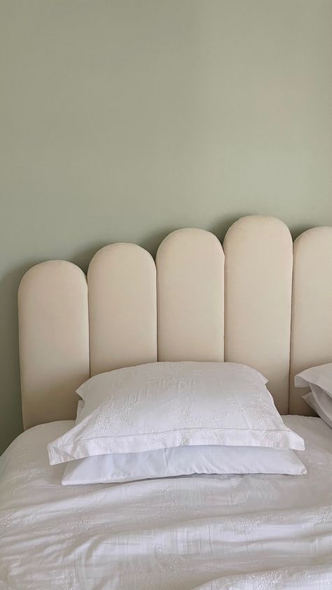 Aesthetic Bed Headboard, Cream Headboard Green Wall, Sketch Interior Design, Mint Green Rooms, Mint Green Walls, Beige Room, Paint Color Chart, Beige Bedroom, Small Bedroom Decor