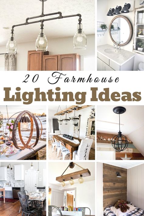 DIY Farmhouse Lighting Ideas Diy Island Light Fixture, Modern Farmhouse Kitchen Lighting Ideas, Homemade Light Fixtures, Diy Kitchen Light Fixtures, Landing Lighting Ideas, Diy Farmhouse Light Fixtures, Farmhouse Lighting Ideas, Landing Lighting, Modern Industrial Bathroom