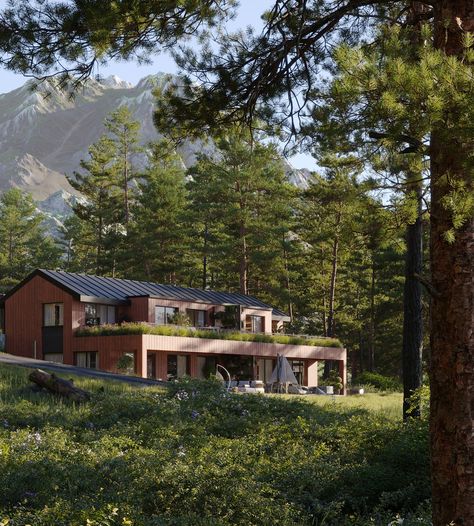 Residential Complex in Austria Closeup 2 | yasmeen ashraf mostafa - CGarchitect - Architectural Visualization - Exposure, Inspiration & Jobs Mountain Land, Pine Cabin, Planting Design, Lush Forest, Conifer Trees, Park Landscape, Architectural Visualization, Residential Complex, Dream House Exterior