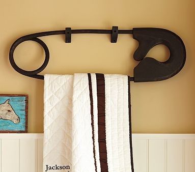 This made me think of @Shannon Worley, towel holder from giant safety pin Quilt Display, Quilt Rack, Baby Furniture, Decor Idea, Kids' Room, Sewing Room, My New Room, Pottery Barn Kids, Safety Pin