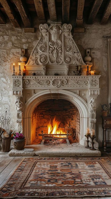 Traditional stone fireplace in a rustic room with warm glowing flames, ornate carvings, and cozy decor. Ideal for traditional interior design enthusiasts. Magical Fireplace, Giant Fireplace, English Cottage Fireplace, Medieval Fireplace, Massive Fireplace, Fireplace Old, Castle Fireplace, Slab Fireplace, Manor House Interior