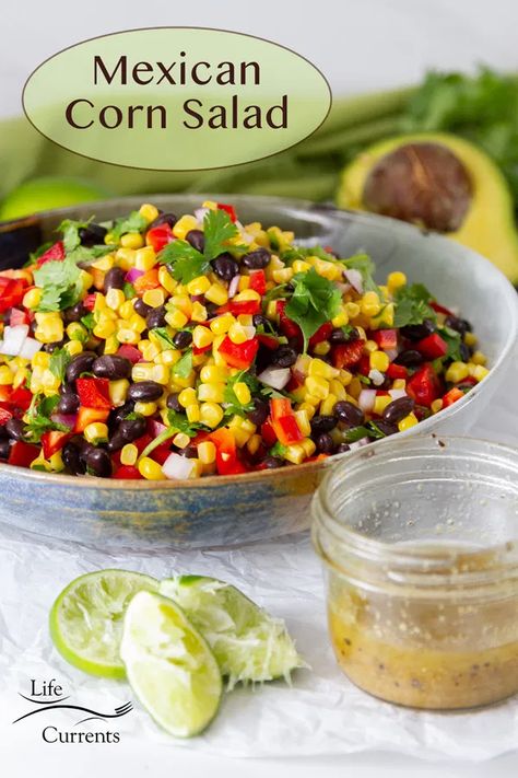 This Mexican Corn Salad makes a great Mexican Side Dish, side dish for tacos, or taco bar side dish Fiesta Side Dishes, Corn Salad With Black Beans, Mexican Corn Side Dish, Sides With Tacos, Mexican Side Dish, Salad With Black Beans, Taco Side Dishes, Corn Recipes Side Dishes, Mexican Side