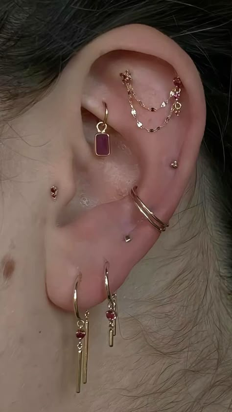 Ear Stacking Ideas Both Ears, Fun Ear Piercings, Celestial Ear Curation, 3 Helix Piercing, Piercings Both Ears, Helix Stack, Hanging Helix Piercing, Ear Mapping Piercing, Ear Piercing Stacks