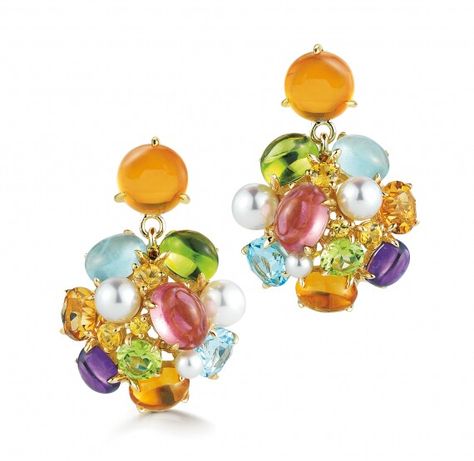 A pair of Bubble Drop Earrings with Multi-Color Precious, Semi-Precious Stone, and Pearl set in 18K Yellow Gold. Signed Seaman Schepps. Times Square Ball Drop, Seaman Schepps, All Things Bright And Beautiful, Ball Drop, Bright And Beautiful, Jewelry Armoire, Pearl Set, Bespoke Jewellery, Gems Jewelry