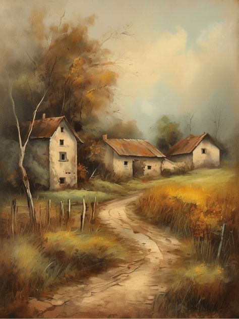 Nature in the countryside, autumn, artwork dating back to 1960, old oil painting in faded oil colors. #Printable_wall_art  #Antique_landscape  #Antique_oil_painting  #Vintage_art_print  #Old_oil_painting  #Farmhouse_wall_decor  #Country_house_decorations  #Rustic_wall_decor  #Farmhouse_decor  #Rural_view Antique Landscape Paintings, Old Paintings Aesthetic, Autumn Artwork, Colors Printable, Countryside Paintings, Farm Paintings, Farm Art, Antique Oil Painting, Country Landscaping