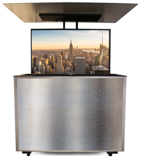 TV Lifts and Cabinets Diy Outdoor Tv Cabinet With Lift, Backyard Tv Ideas Patio, Outdoor Tv Lift Cabinet, Outdoor Tv Cabinet, Tv Lift Cabinet, Tv Ideas, Exterior Finishes, Tv Lift, Tv Cabinet Design