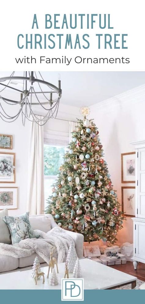 Do you love your family ornaments, but also love the look of a designer Christmas tree? Check out this simple guide teaching how-to create a beautiful designer Christmas tree that INCLUDES family ornaments. | Porch Daydreamer Christmas Tree With Kids Ornaments, Family Room Christmas Tree, Traditional Family Christmas Tree, Sentimental Christmas Tree, Christmas Tree With Family Ornaments, Porch Daydreamer, Designer Christmas Tree, Ornaments Simple, Types Of Christmas Trees