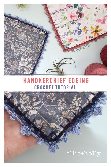 Crochet Lace Edging for Handkerchiefs Tutorial - Ollie + Holly | Amigurumi Crochet Patterns Crochet Handkerchief, Crocheted Edging, Crochet Edging Pattern, Rag Quilting, Crochet Craft Fair, Crochet Step By Step, Crochet Bookmark Pattern, Bookmark Pattern, Lace Handkerchief