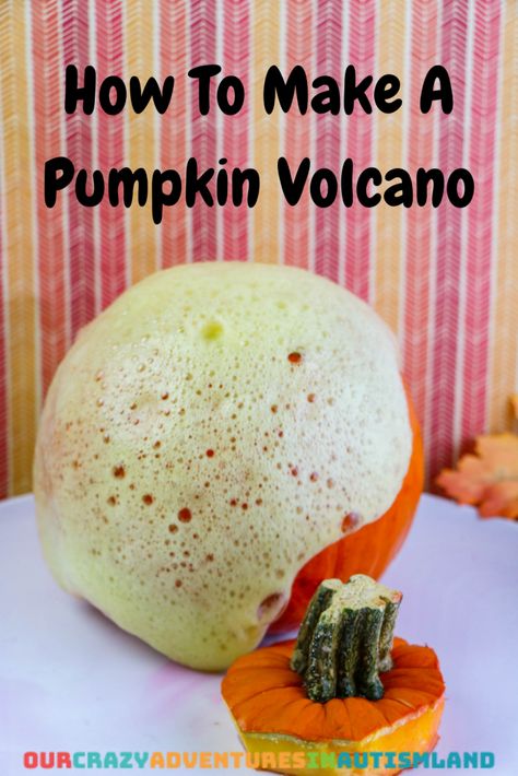 How To Make A Pumpkin Volcano | Our Crazy Adventures In Autismland Pumpkin Volcano For Kids, Pumpkin Volcano, Homeschool Stem, Homeschooling Activities, Crazy Adventures, Homeschool Fun, Sensory Diet, Pumpkin Activities, Steam Projects