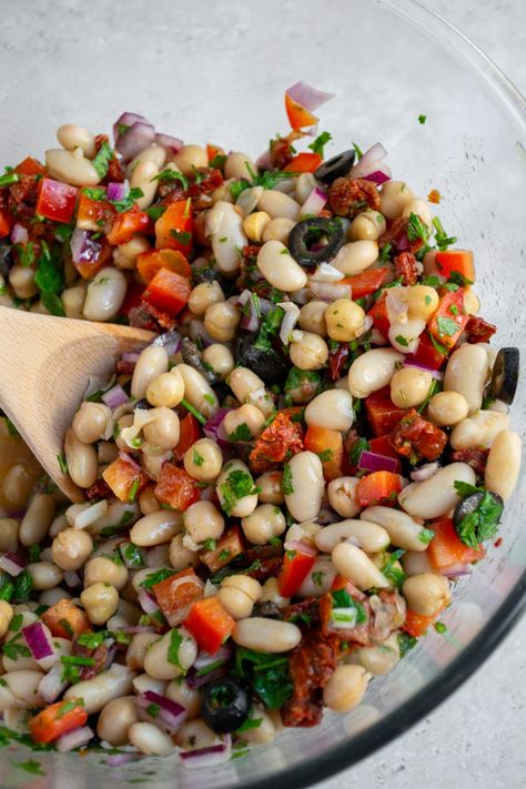 Mediterranean-Style Bean Salad | More Plants Nutrition Canalini Beans, Salad With Cannellini Beans, Bean Salad Recipes Easy, Mediterranean Bean Salad, Mediterranean Salads, Salad Recipes Easy, Bean Salads, Mediterranean Recipes Healthy, Bbq Beans