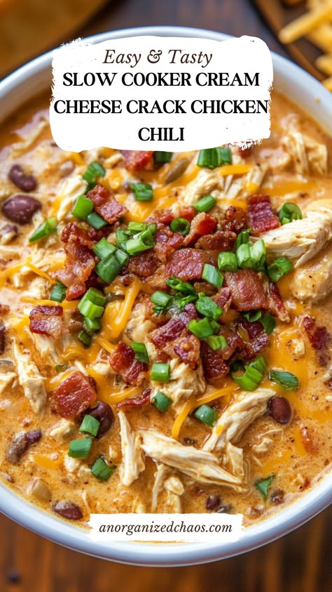 Slow Cooker Cream Cheese Crack Chicken Chili Cheesy Chicken Crock Pot, Easy Crockpot Cream Cheese Chicken Chili, Cracked Chicken Chili Crockpot, Cracked Chicken Chili, Chicken Bacon Chili, Cream Cheese Slow Cooker Recipes, Shredded Chicken Chili Crockpot, Slow Cooker Recipes Chili, Slow Cooker Cream Cheese Chicken Chili