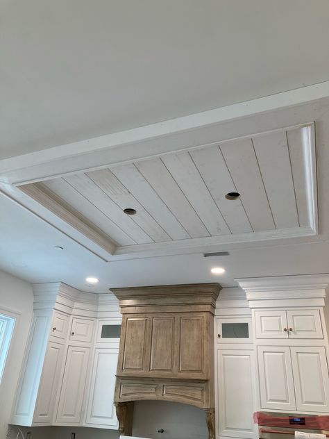 Kitchen With Tray Ceiling, Drop Ceiling Kitchen Ideas, Tongue And Groove Ceiling Kitchen, 10 Ft Ceiling Kitchen, Ceiling Accent Ideas, Hacienda Kitchen Decor, Kitchen Ceiling Ideas, Lighting In Kitchen, Kitchen Lighting Remodel