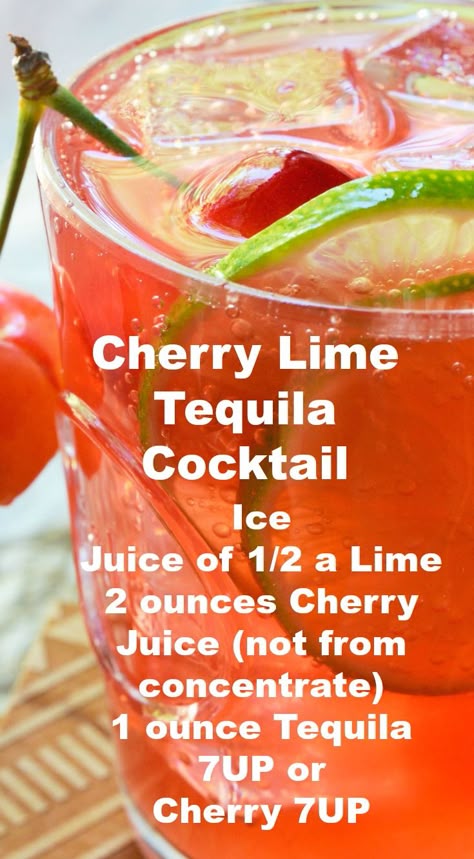 Cherry Lime Tequila Cocktail ~ Simple and refreshing. Tonic Cocktails, Cocktail Recipes Tequila, Easy Mixed Drinks, Spicy Cocktail, Cranberry Juice Cocktail, Tequila Cocktail, Cherry Cocktail, Whiskey Cocktail, Thanksgiving Drinks