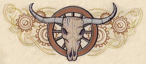 Western Steampunk - Steer Skull | Urban Threads: Unique and Awesome Embroidery Designs Cool Embroidery Designs, Western Steampunk, Cowboy Quilt, Wall Mount Decor, Pes Embroidery Designs, Jacket Designs, Western Crafts, Steer Skull, Cool Embroidery