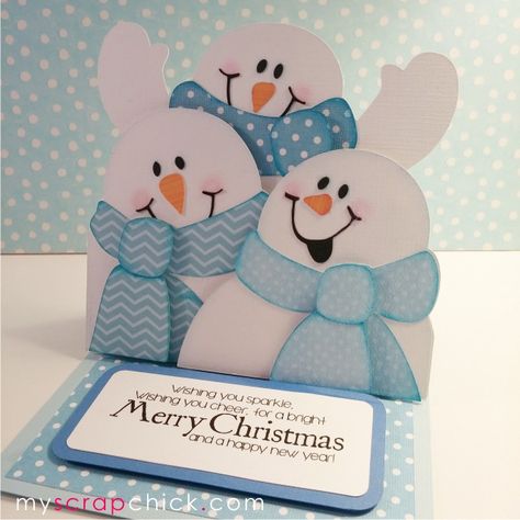 Snowmen are the best part of winter. Here are 3 little snowmen to cheer you. They will happily send your holiday wishes and merry Chris... Comic Illustrations, Snowman Cards, Homemade Christmas Cards, Christmas Card Crafts, Colour Ideas, Easel Cards, Shaped Cards, Diy Christmas Cards, Fancy Fold Cards