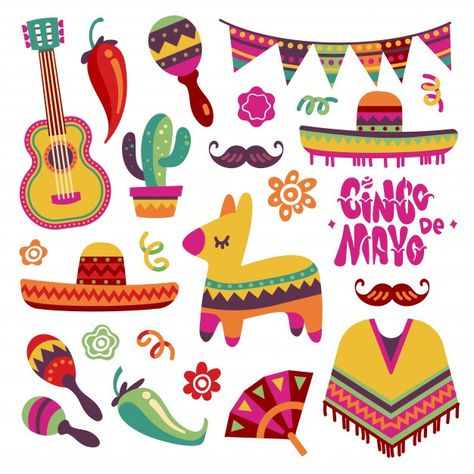 Set de fiesta mexicana. elementos de fie... | Premium Vector #Freepik #vector #comida #musica #fiesta #dibujos-animados Sombrero Pinata, Mexican Folk Art Decor, Party Elements, Guitar Vector, Mexican Fiesta Party, Mexican Party Theme, Mexican Designs, Mexican Party, Mexican Culture