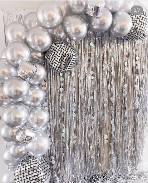 White And Silver Disco Party, White And Silver Bachelorette Party Decor, Bachelorette Silver Theme, Glitz Party Theme, Glitz And Glam Bachelorette Decor, Folklore Bday Party, Glitz And Glam Bachelorette Party Decorations, Silver Backdrop Photoshoot, Folklore Party Ideas