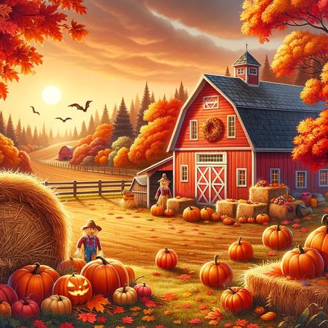 Autumn Farm Scene Art Print - Perfect for Fall Décor and DIY Creativity Capture the beauty of fall with this charming autumn farm scene! Featuring a classic red barn, pumpkins, hay bales, and trees full of vibrant orange, yellow, and red leaves, this artwork brings the cozy warmth of the season into your space. With its rustic charm and rich autumn colors, it's the perfect addition to any home, office, or workspace. Customize and Create! This art print offers plenty of open space, inviting you to add your own creative touch! Paint in your own fall characters like scarecrows, farm animals, or festive Halloween decorations, and make it uniquely yours. It's a wonderful base for DIY projects, whether you're looking to enhance your home or craft a personalized gift. Why You'll Love It: Beautifu Happy Thanksgiving Wallpaper, Autumn Farm, Festive Halloween Decor, Halloween Wallpaper Cute, Thanksgiving Wallpaper, Fall Images, Cozy Fall Decor, Pumpkin Farm, Halloween Artwork