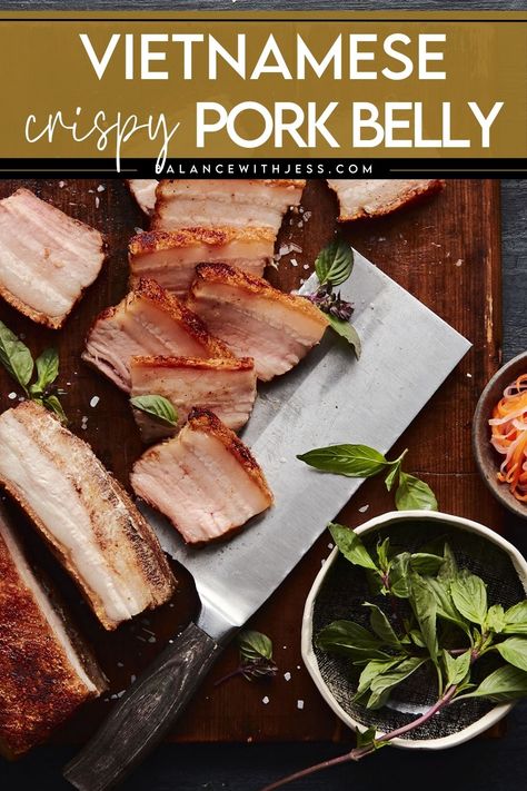 Vietnamese crispy pork belly, or Thit Heo Quay, is an authentic and traditional Vietnamese recipe. Roasted in the oven, this crispy pork belly is best paired with a banh mi sandwich, vermicelli noodles, rice or dipping sauce. It's perfect for Lunar New Year, Thanksgiving, Christmas or a crowd! Find this crispy pork belly and more authentic Vietnamese recipes on the blog. Pork Belly Recipe Oven, Roasted Pork Belly Recipe, Heo Quay, Pork Belly Bao, Vietnamese Recipe, Gluten Free Chinese, Pork Roast In Oven, Vietnamese Pork, Banh Mi Sandwich