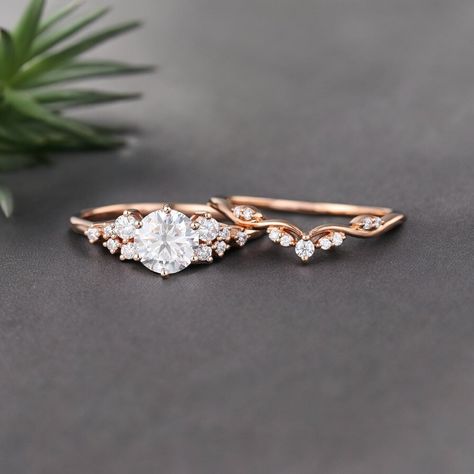 Moissanite engagement ring set rose gold engagement ring Vintage Unique Bridal set Diamond wedding Curved Anniversary Promise ring gift by Nyfinejewels on Etsy Moissanite Rose Gold Engagement Ring, Simple Engagement Rings Rose Gold, Minimalist Engagement Ring Rose Gold, Dainty Engagement Ring Set, Rose Gold Engagement Ring Simple, Engagement Rings Rose Gold, Unique Rose Gold Engagement Ring, Gold Engagement Ring Vintage, Engagement Ring Vintage Unique