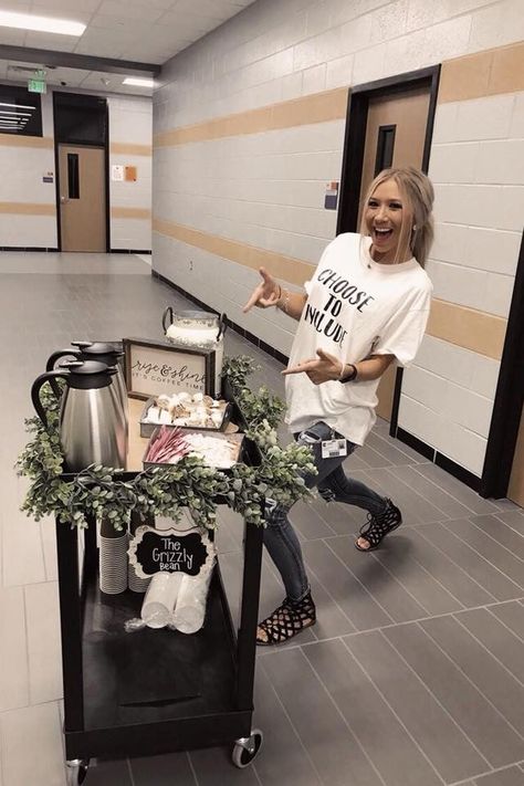 Special Needs Teacher's Coffee Cart Idea Coffee Cart Teachers, School Coffee Cart Ideas, Teacher Cart Decorating Ideas, Coffee Cart Special Education, Teacher Appreciation Coffee Cart, Coffee Cart For Teachers, Coffee Cart Ideas For School, Coffee With The Principal Ideas, Staff Room Ideas Offices