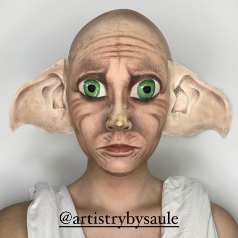 Dobby Makeup, Dobby Halloween Costume, Harry Potter Makeup Looks, Voldemort Costume, Dobby Costume, Maquillage Harry Potter, Dobby The Elf, Dobby The House Elf, Harry Potter Makeup