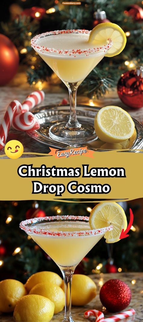 Christmas Lemon Drop Cosmo Drinks With Lemon Vodka, White Christmas Lemon Drop, Christmas Lemon Drop Cosmo, White Christmas Cosmo, Christmas Lemon Drop Martini, Christmas Lemon Drop, Christmas Drinks With Vodka, New Years Drinks Cocktails, Christmas Cosmo