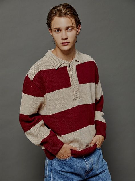 Designer fashion, Seoul-fully created | W Concept Rugby Sweater Outfit Men, 90s Mens Sweater, Colorful Mens Fashion, Rugby Sweater, Mens Striped Sweater, Striped Sweater Outfit, Outfits Bonitos, Knitwear Details, Outfit Sporty