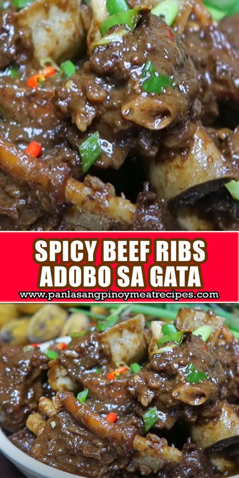 Spicy Beef Ribs Adobo Sa Gata is a delectable Filipino dish featuring tender beef ribs cooked in a flavorful blend of soy sauce, coconut milk, and spices. #SpicyBeefRibs #AdoboSaGata Adobo Ribs Filipino, Filipino Beef Recipes, Asian Ramen Noodle Salad, Asian Ramen, Ramen Noodle Salad, Beef Ribs Recipe, Filipino Recipe, Filipino Dish, Filipino Style