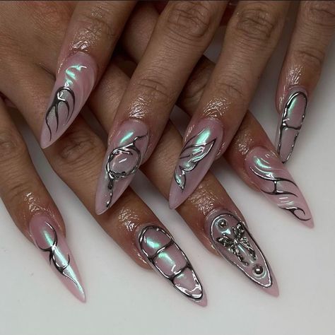 Nail inspo💅🏻 -dm to place order 🛒 Nail kit include - set of 10 nails, nail glue , nail glue tabs, cuticle pusher, filer, alcohol swabs, instructional manual and freebies 💕 - - - - - 🏷 #nail #nailart #stickon #stickonnails #customiseablenails #nails #pressonnails #pressons #stickonnails #quotes #sfs #pressonnailsindia #stickonnailsindia #stickonnailsonsale #pressonnailsonsale #smallbusiness #f4f #supportsmallbusiness #smallbusinessindia #smallbusinessjammu #easypressonnails #pressonjammu #f4f Swirl Nail Art, Witchy Nails, Magic Nails, Punk Nails, Goth Nails, Really Cute Nails, Almond Acrylic Nails, Bling Acrylic Nails, Cuticle Pusher