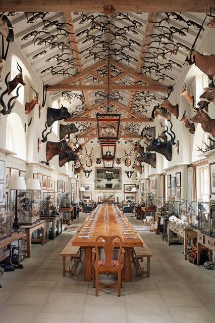 Shooting Lodge - Modern Maximalism - Latest Interior Design Trends & Design Ideas (houseandgarden.co.uk) Hunting Room Design, Hunting Lodge Interiors, Hunting Lodge Decor, Taxidermy Decor, Deer Antler Decor, Log Home Interiors, Hunting Room, Maximalist Interior, Hunting Decor