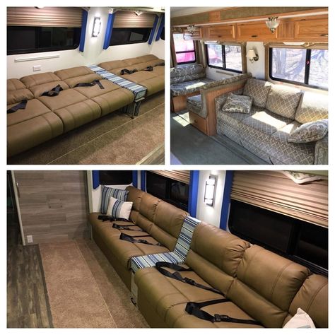 We replaced our RV dinette with an additional sofa Rv Dinette, Camping Europe, Rv Sofas, Dining Booth, Camper Trailer Remodel, Rv Tips, Travel Trailer Remodel, Camping List, Camping Stuff