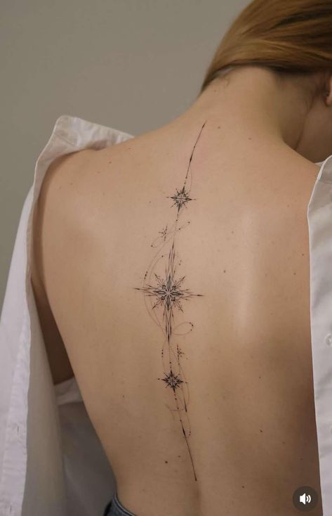 Back Tattoo Women Astronomy, Spine Woman Tattoo, Star Tattoo On Back Of Neck, Spine On Spine Tattoo, Back Tattoo Constellation, Back Tattoos Down The Spine, Star Tattoos Spine, Middle Of Spine Tattoo, Planet Tattoos Spine